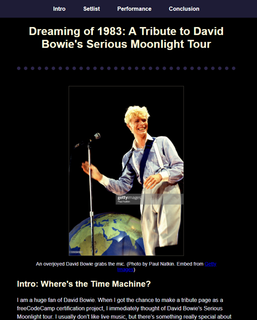A tribute page written for David Bowie's 1983 Serious Moonlight tour.