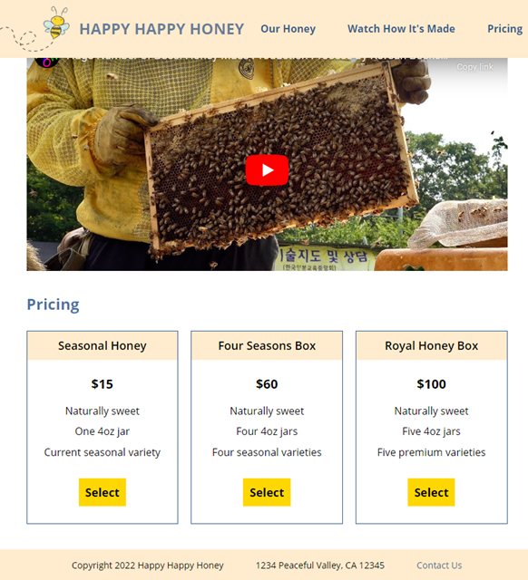 Product landing page for a fictional honey company.