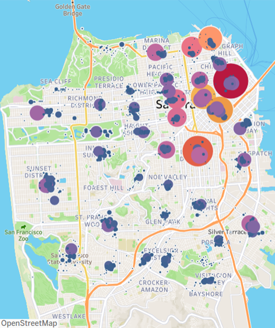 A map visualization of crime in San Francisco in 2018.